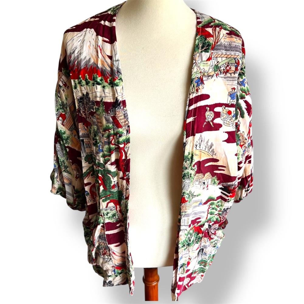 Vintage 1970’s Handmade Res and White Mount Fuji Japanese Kimono Cardigan